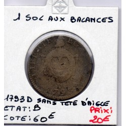 1 sol aux balances 1793 D. Dijon Sans aigle B, France pièce de monnaie