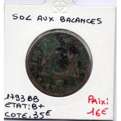 1 sol aux balances 1793 BB Strasbourg B+, France pièce de monnaie