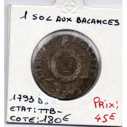 1 sol aux balances 1793 D. Dijon TTB-, France pièce de monnaie