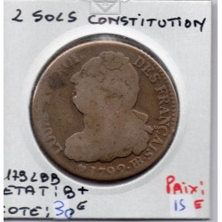 2 Sols Constitution Louis XVI 1792 BB Strasbourg B+, France pièce de monnaie