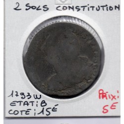 2 Sols Constitution Louis XVI 1793 W B, France pièce de monnaie
