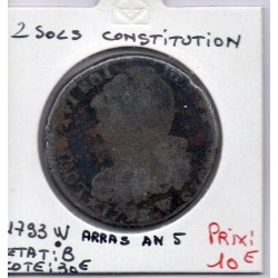 2 Sols Constitution Louis XVI 1793 An 5 W. Arras B, France pièce de monnaie