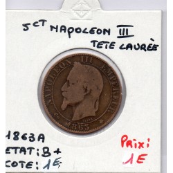 5 centimes Napoléon III tête laurée 1863 A Paris B+, France pièce de monnaie
