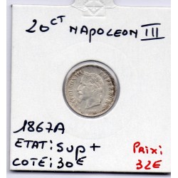 20 centimes Napoléon III tête laurée 1867 A Paris Sup+, France pièce de monnaie