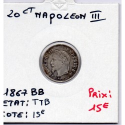 20 centimes Napoléon III tête laurée 1867 BB Strasbourg TTB, France pièce de monnaie