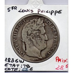5 francs Louis Philippe 1836 W Lille TB, France pièce de monnaie