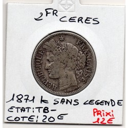 2 Francs Cérès 1871 K Sans légende TB-, France pièce de monnaie