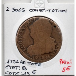 2 Sols Constitution Louis XVI 1792 .AA. Metz B, France pièce de monnaie