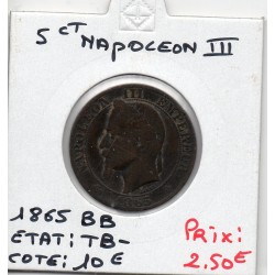 5 centimes Napoléon III tête laurée 1865 BB Strasbourg TB-, France pièce de monnaie