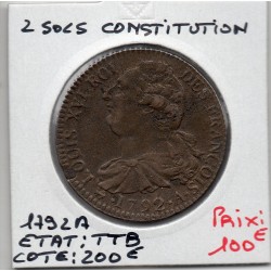 2 Sols Constitution Louis XVI 1792 .A. Paris TTB, France pièce de monnaie