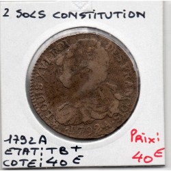 2 Sols Constitution Louis XVI 1792 .A. Paris TB+, France pièce de monnaie