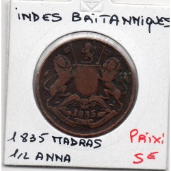 Inde Britannique 1/2 anna 1835 Madras B, KM 447 pièce de monnaie