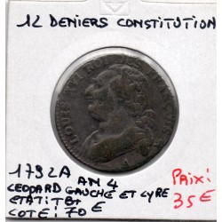 12 denier Constitution Louis XVI 1792 An 4 A leopard gauche et lyre Paris TB, France pièce de monnaie