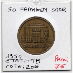 Sarre Saar, 50 franken 1954 TTB, Gad 3 pièce de monnaie