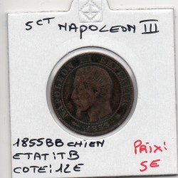 5 centimes Napoléon III tête nue 1855 BB Chien TB, France pièce de monnaie