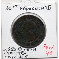 10 centimes Napoléon III tête nue 1855 B chien Rouen TB+, France pièce de monnaie