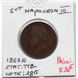 5 centimes Napoléon III tête laurée 1863 A Paris TTB-, France pièce de monnaie