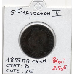 5 centimes Napoléon III tête nue 1855 MA chien Marseille B, France pièce de monnaie