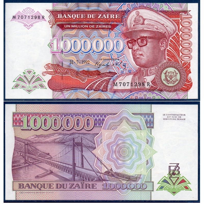 Zaire Pick N°44a, Billet de banque de 1000000 Zaires 1992