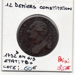 12 denier Constitution Louis XVI 1792 an 4/3 D Lyon TB+, France pièce de monnaie