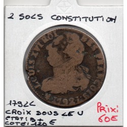 2 Sols Constitution Louis XVI 1792 L Bayonne Croix sous le U B+, France pièce de monnaie