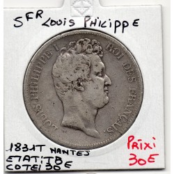 5 francs Louis Philippe 1831 T Nantes tranche Creux TB, France pièce de monnaie