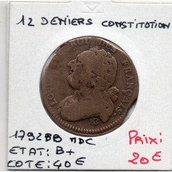 12 denier Constitution Louis XVI 1792 BB Strasbourg B-, France pièce de monnaie