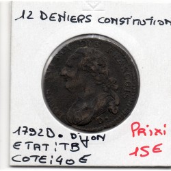 12 denier Constitution Louis XVI 1792 D. Dijon TB, France pièce de monnaie