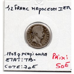 1/2 Franc Napoléon 1er 1808 Q Perpignan TB-, France pièce de monnaie