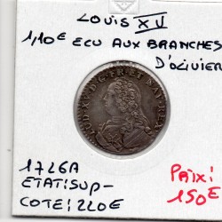1/10 Ecu aux branches d'olivier 1726 A Paris Sup- Louis XV pièce de monnaie royale