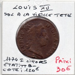 Sol à la vieille tête 1774 I Limoges TTB- Louis XV pièce de monnaie royale