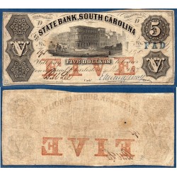 Etats Confédérés Caroline du sud State bank, Billet de banque de 5 Dollars 1857