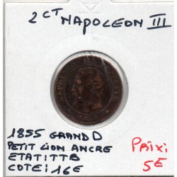 2 centimes Napoléon III tête nue 1855 grand D Ancre Petit Lion TTB, France pièce de monnaie