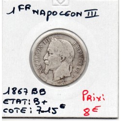 1 franc Napoléon III tête laurée 1867 BB Strasbourg TTB-, France pièce de monnaie